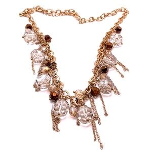 Gold Toned Necklace With Clear And Brown Crystals 20” With 3” Extender